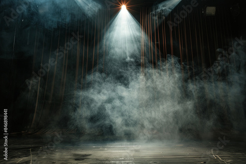 Dramatic theater stage with a single spotlight illuminating a black curtain, accompanied by swirling smoke, creating an atmospheric and enigmatic composition © Emanuel