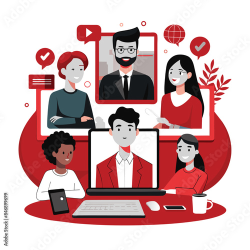 A flat style illustration of five people participating in an online meeting. The group is diverse, with different ages and genders, and are connected through video chat. Generative AI