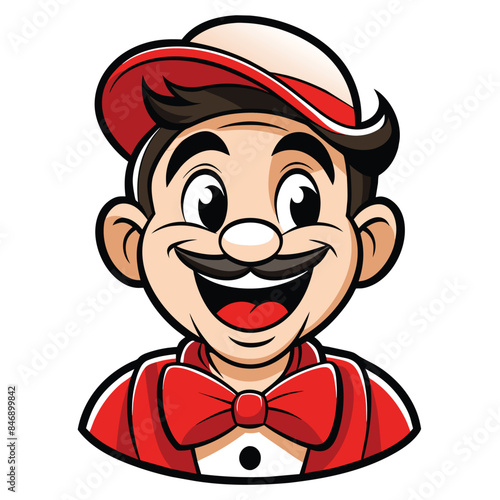 A cartoon mascot character with a red hat and bowtie smiles cheerfully, his eyes wide with happiness. Generative AI
