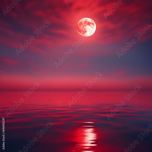 Free Reflection of moon on ocean red sky