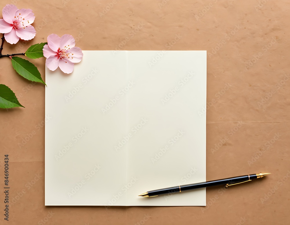 Thanks card, birthday card, Greeting card, invitation card Concept template. Empty white paper with sakura flower beside the paper Thanks card, birthday card, Greeting card, invitation card Concept template. Empty white paper with sakura flower beside the paper