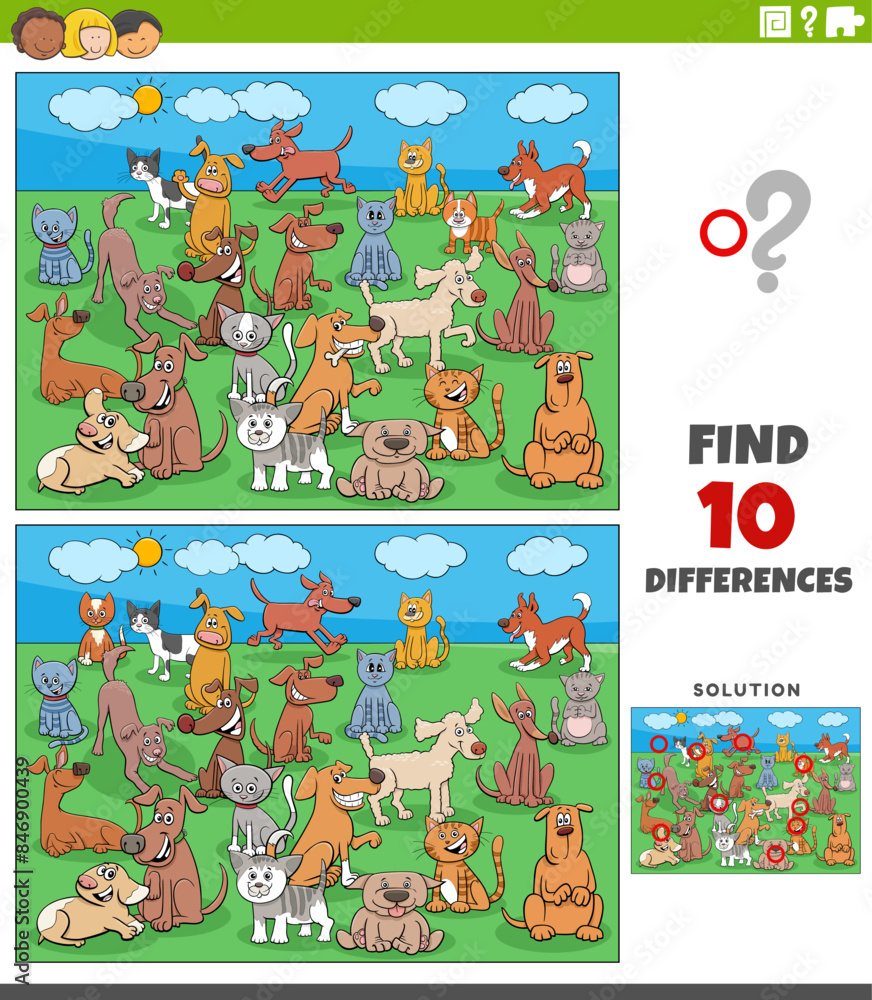 differences activity with cartoon dogs and cats characters