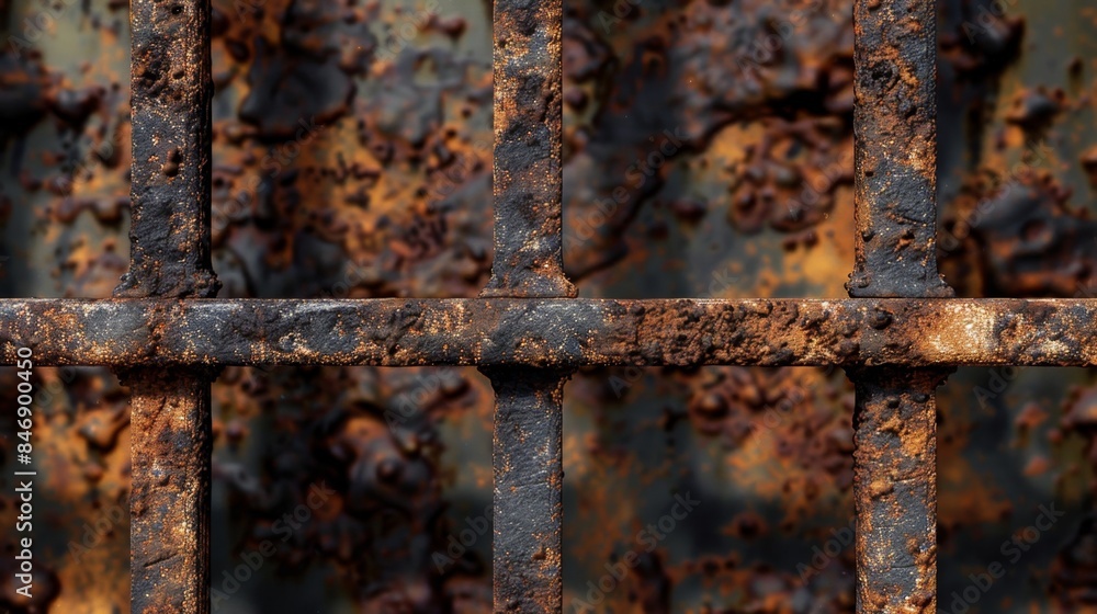 Close-up of a rusty metal fence, showcasing detailed corrosion and weathering effects. Ideal for backgrounds and textures.