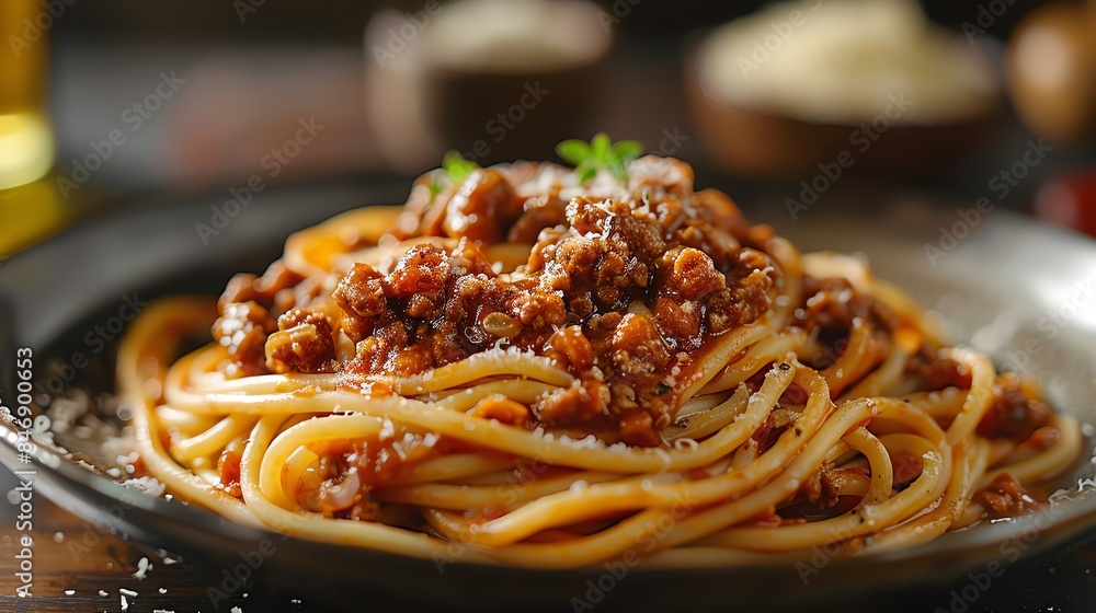 Delicious spaghetti Bolognese topped with rich meat sauce, garnished with fresh herbs, served in a rustic setting, perfect for Italian cuisine lovers. Delicious spaghetti Bolognese topped with rich meat sauce, garnished with fresh herbs, served in a rustic setting, perfect for Italian cuisine lovers.