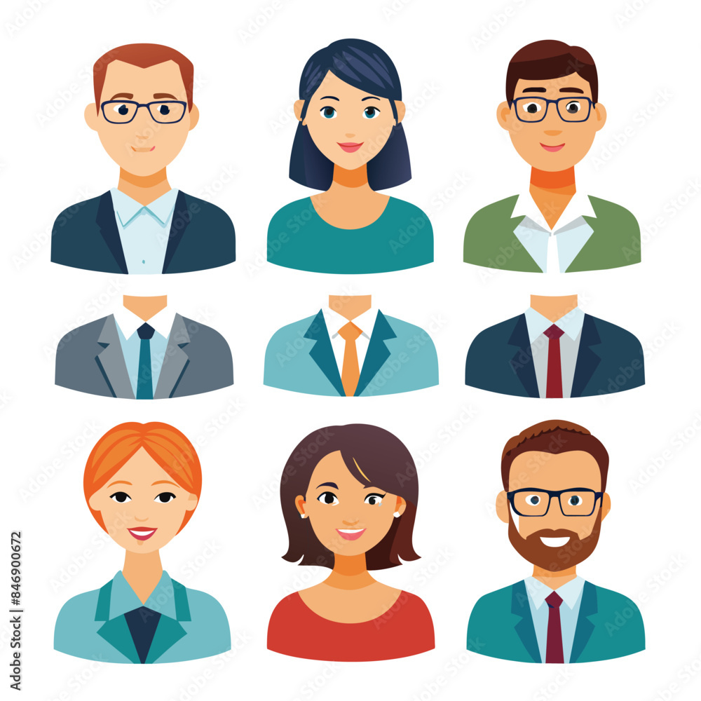 Nine flat-style icons depicting diverse business professionals in formal attire. Generative AI Nine flat-style icons depicting diverse business professionals in formal attire. Generative AI