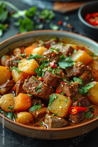 Delicious beef and vegetable stew garnished with fresh cilantro, perfect for a cozy meal. Hearty, flavorful, and comforting.