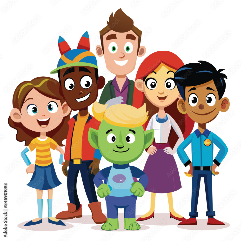 An illustration of six cartoon friends standing together in front of a white background. Generative AI An illustration of six cartoon friends standing together in front of a white background. Generative AI