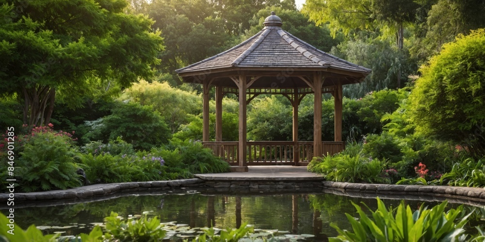 A tranquil wooden gazebo surrounded by lush greenery and a pond reflects the calm atmosphere of a well-kept garden A tranquil wooden gazebo surrounded by lush greenery and a pond reflects the calm atmosphere of a well-kept garden