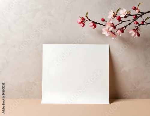 Thanks card, birthday card, Greeting card, invitation card Concept template. Empty white paper with sakura flower beside the paper