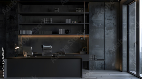 black minimalist office bookshelf The walls are wood and dark gray concrete.