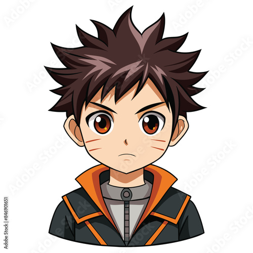 A digital illustration of an anime boy character with spiky brown hair and orange stripes on a white background. Generative AI