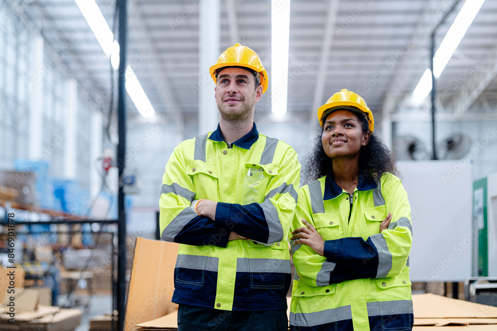 Male and female engineers in neat work clothes prepare and control the production system of large modern machines in a factory producing industrial technology products. Male and female engineers in neat work clothes prepare and control the production system of large modern machines in a factory producing industrial technology products.