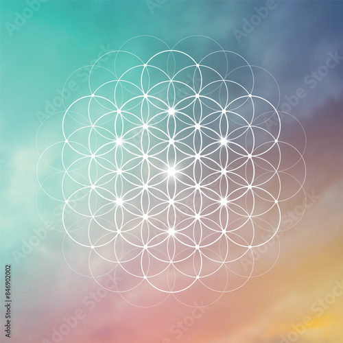 Flower of life. Tree of life. Sacred geometry spiritual new age futuristic illustration with interlocking circles, triangles and particles