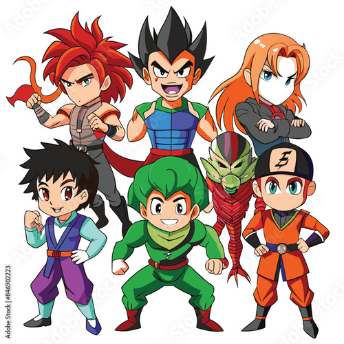 A group of seven manga characters are standing together in front of a white background. They are all in full body poses and have different facial expressions. Generative AI