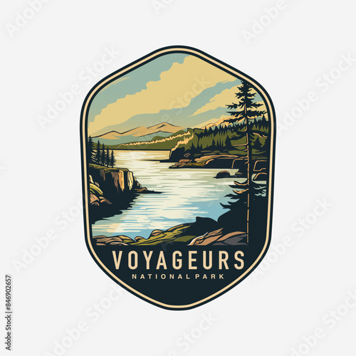 Emblem sticker patch logo illustration of Voyageurs National Park on dark background, lake and canoe vector badge