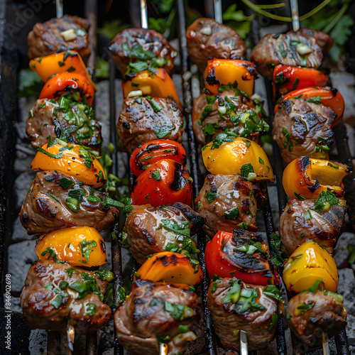 Skewers of meat and vegetables sizzle on the grill
