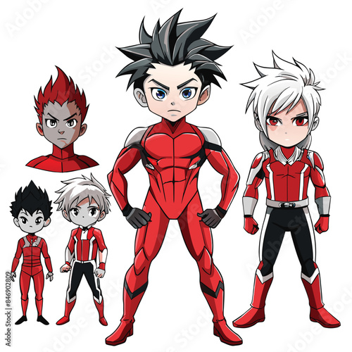 An illustration of four manga characters in full-body poses. They are all wearing red and black suits and have different hairstyles and facial expressions. Generative AI