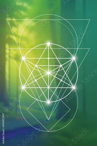 Merkabah. Sacred geometry spiritual new age futuristic illustration with interlocking circles, triangles and particles.