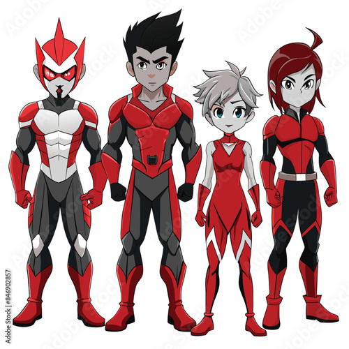 A group of four anime characters in red and white superhero outfits stand together in front of a white background. Generative AI