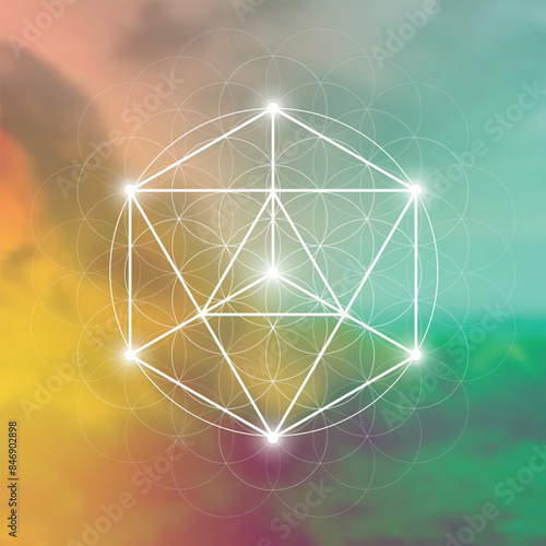 Merkabah. Sacred geometry spiritual new age futuristic illustration with interlocking circles, triangles and particles.