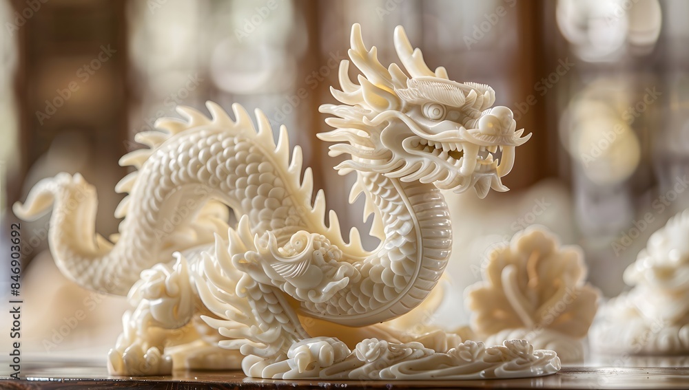 Chinese dragon made of highly detailed teeth, carved from ivory and marble, sitting on top of the table, intricately designed Chinese dragon made of highly detailed teeth, carved from ivory and marble, sitting on top of the table, intricately designed