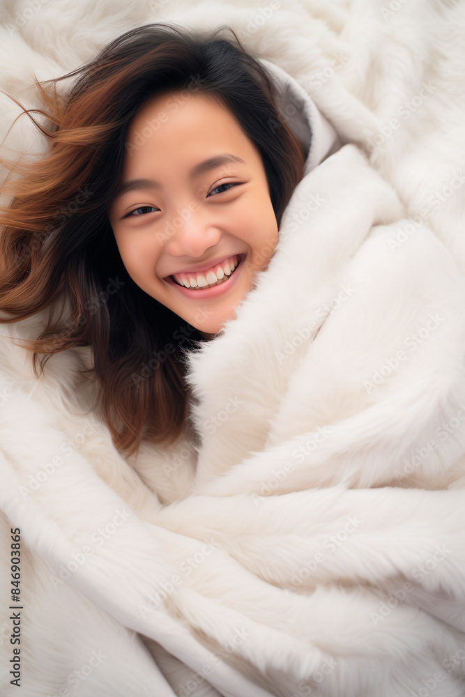 happy smiling asian woman in light white plain blanket happy smiling asian woman in light white plain blanket