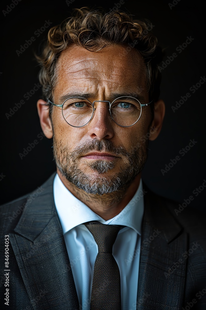 Portrait of a confident, mature man with glasses in a suit and tie, exuding professionalism and determination, isolated on a dark background. Portrait of a confident, mature man with glasses in a suit and tie, exuding professionalism and determination, isolated on a dark background.