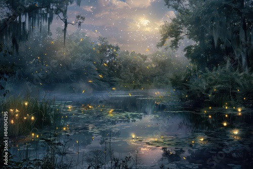 Wallpaper Mural enchanting twilight in a mysterious swamp with glowing fireflies digital painting Torontodigital.ca