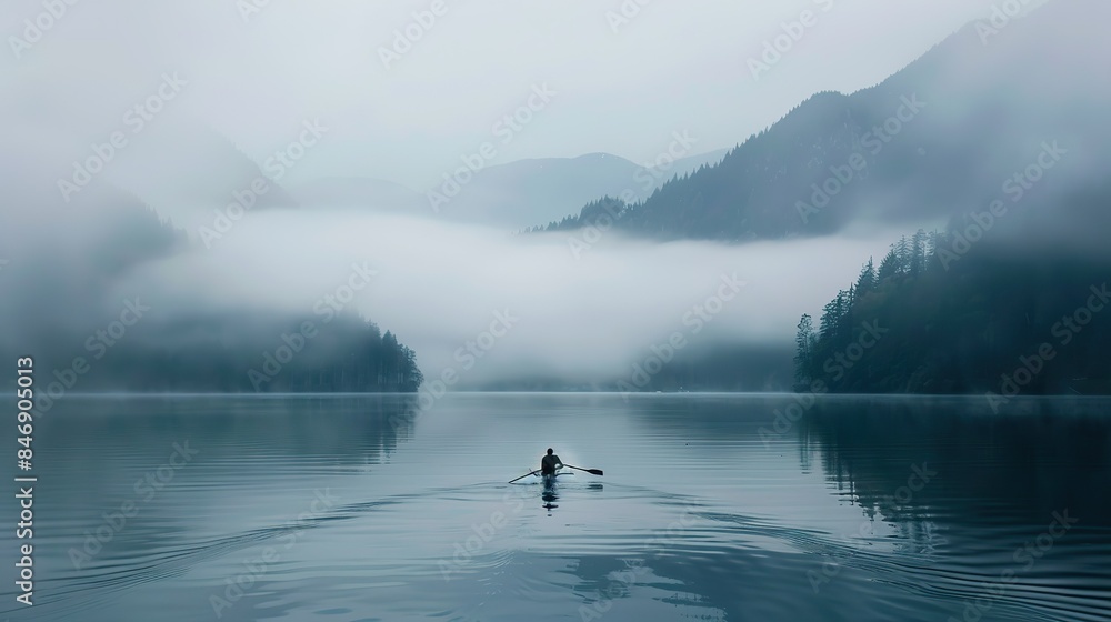 Fototapeta premium A solitary rower navigating a misty lake, the water reflecting the ethereal fog and the silhouette of distant mountains. Isolated on a clean background