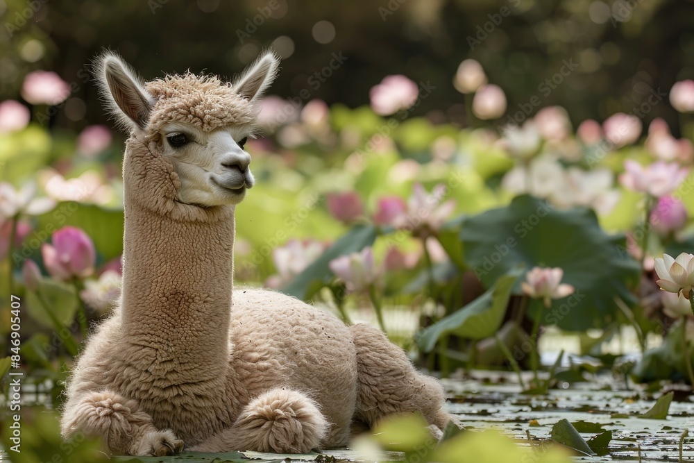 Obraz premium Tranquil alpaca lounges amidst blooming water lilies in a lush pond setting