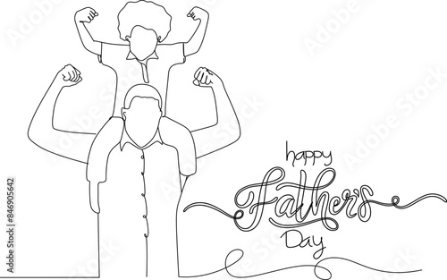 Little boy sat on father's shoulder continuous line drawing vector. happy father and son line art drawing.