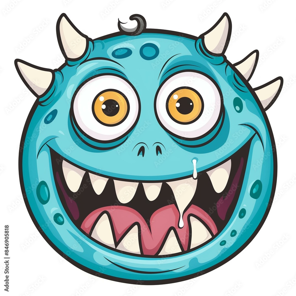 Happy Blue Cartoon Monster Face with Horns and Big Eyes Happy Blue Cartoon Monster Face with Horns and Big Eyes