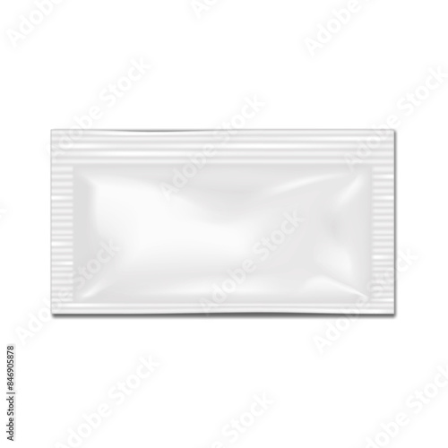 Blank white four side seal sachet packet. Vector mockup. Plastic pouch individual package for cosmetic, medical, food product. Mock-up. Template for design