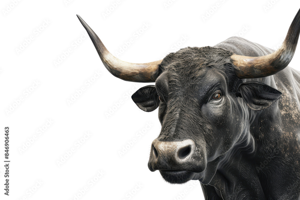 Naklejka premium Close-up image of a black bull with large horns on a transparent background. showcasing its strong and majestic presence.