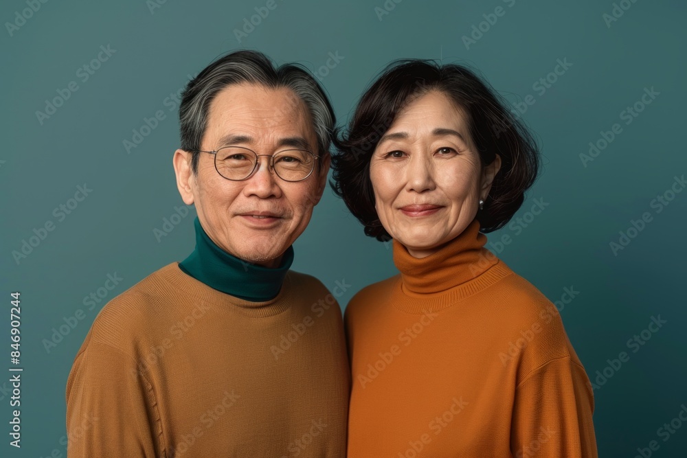 Portrait of a glad asian couple in their 60s wearing a classic turtleneck sweater isolated in solid color backdrop Portrait of a glad asian couple in their 60s wearing a classic turtleneck sweater isolated in solid color backdrop