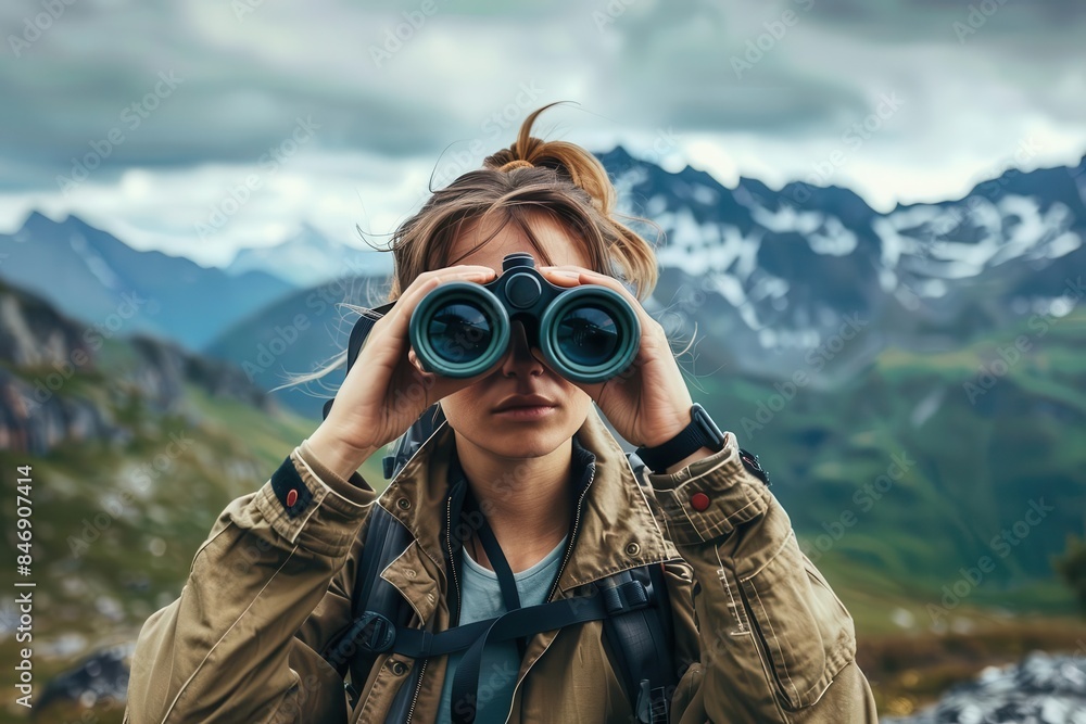 female explorer with binoculars on journey adventure concept female explorer with binoculars on journey adventure concept