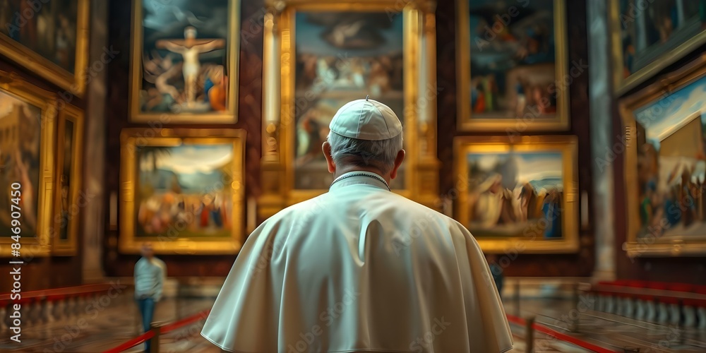 Naklejka premium Religious man Pope gazes at a painting with his back turned. Concept Fine Art, Religion, Portrait, Pope, Painting