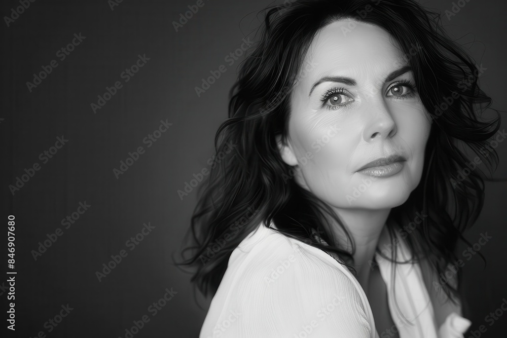 femme de 40 ans en veste blanche portrait glamour et romantique en studio noir et blanc photographie femme de 40 ans en veste blanche portrait glamour et romantique en studio noir et blanc photographie