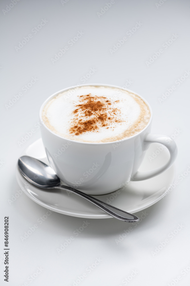 Obraz premium 白背景にコーヒーカップのカプチーノとスプーン