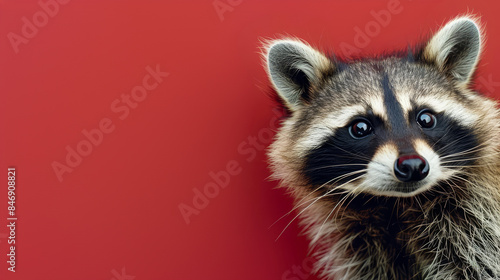 Close-up portrait of a curious raccoon looking at the camera against a red background. © Shutter2U