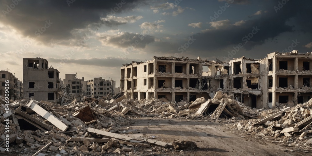 The bleak aftermath of conflict, featuring war-torn abandoned buildings and debris under a cloudy sky The bleak aftermath of conflict, featuring war-torn abandoned buildings and debris under a cloudy sky