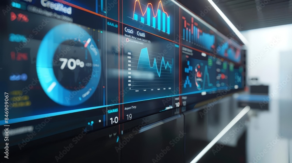 Modern business dashboard with data visualization on a large screen. Modern business dashboard with data visualization on a large screen.