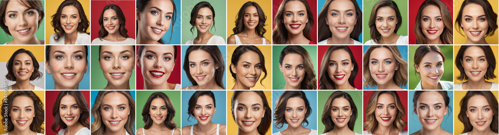 Set of smiling happy woman headshot. Collage of closeup female portraits with colorful background Set of smiling happy woman headshot. Collage of closeup female portraits with colorful background