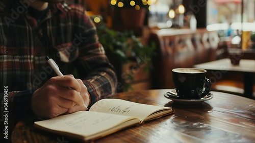 Man coffee shop and journal for writing ideas inspiration and writer for creativity in restaurant Male person diary and planning for story or author calm and peace in cafe for script p : Generative AI