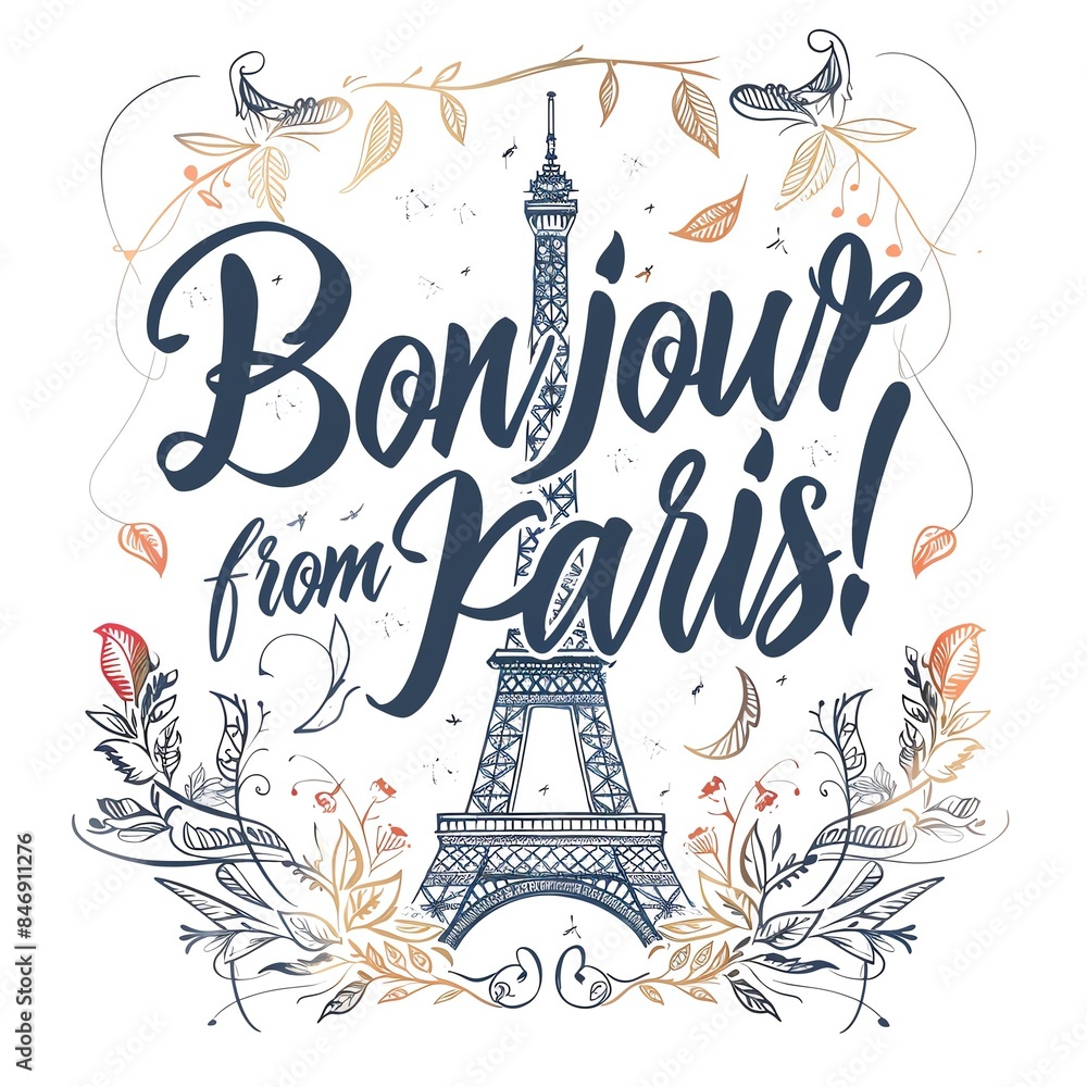 A whimsical illustration featuring the Eiffel Tower with the phrase A whimsical illustration featuring the Eiffel Tower with the phrase