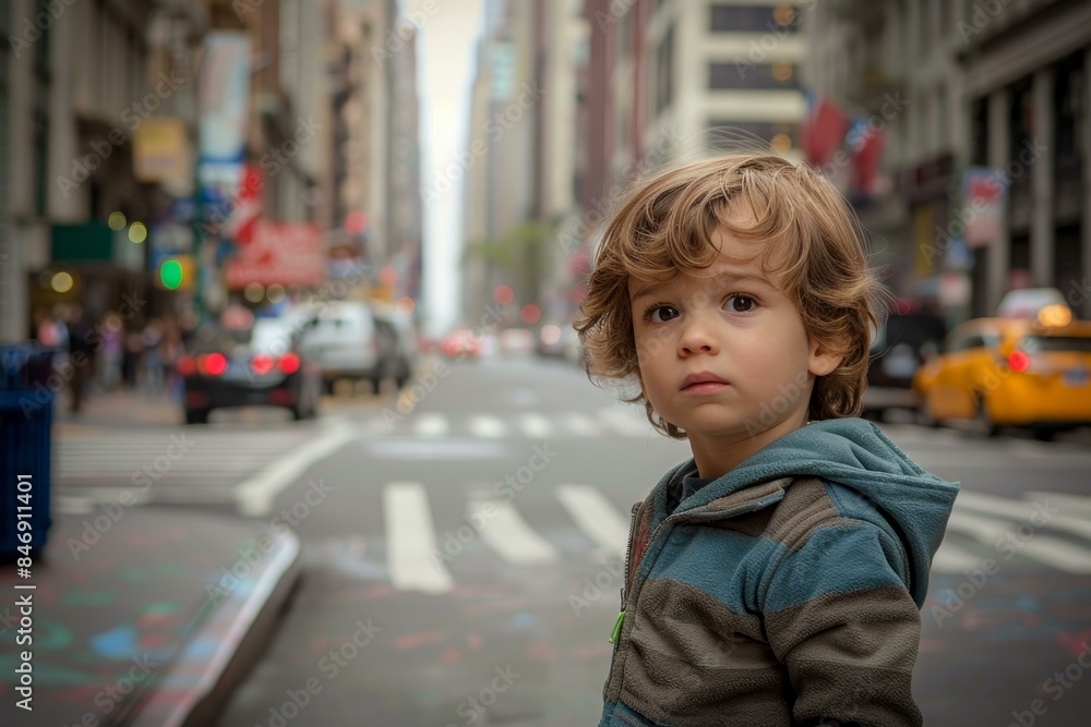 Portrait of a thoughtful young boy with urban backdrop and taxi Portrait of a thoughtful young boy with urban backdrop and taxi