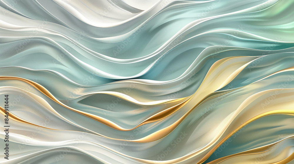 Fototapeta premium A green and white abstract painting with gold accents. The painting has a wave-like pattern and he is a representation of water. The colors and brushstrokes give the painting a sense of movement