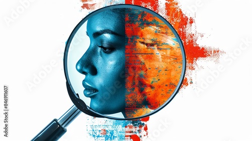 Abstract portrait of a woman through a magnifying glass, exploring identity and perception.