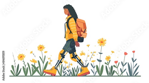 Woman with prosthetic leg walking through a field of flowers.