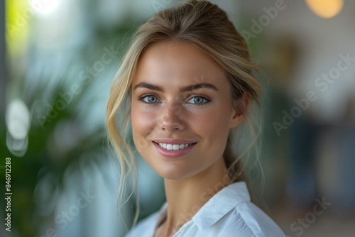 Portrait of a beautiful smiling business woman in an office.